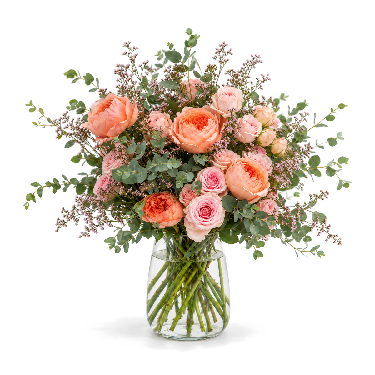 Peach Rose and Eucalyptus Vase Arrangement