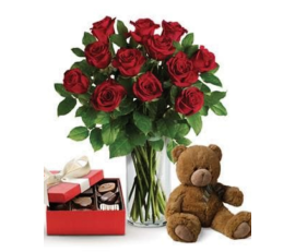 FV001-12 Gorgeous roses in Vase with free chocolate&teddy bear M:$149 L:$189