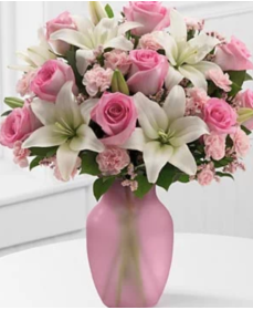 FM154_pink rose&white lily in vase:$199.99(10rises+lily+carnation)
